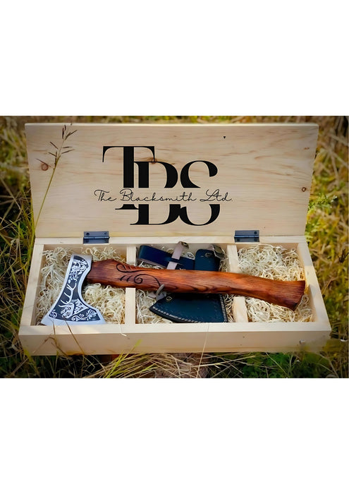 Viking-Inspired Handcrafted Axes – Mixed Variety with Unique Engravings, Different Colors and Shapes, Stainless Steel Blades, Leather Blade Covers, Optional Custom Engraved Wooden Box – Perfect Gift for Collectors, Groomsmen, Christmas, and Anniversaries - TheBlacksmithLtd #