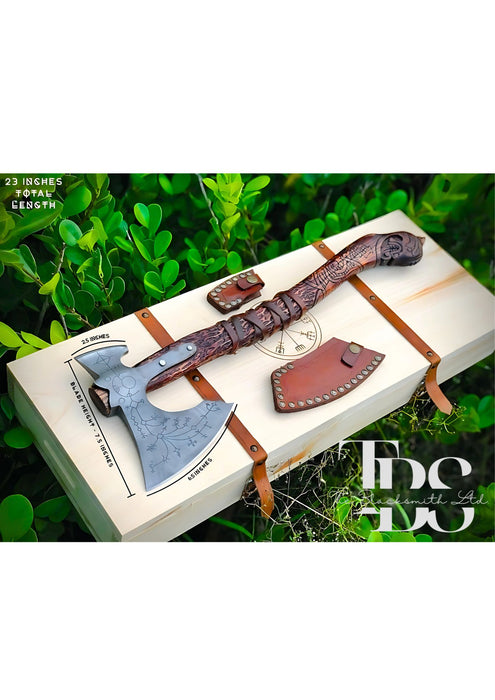 Handcrafted Double-Headed Engraved Damascus Steel Axe with Snake-Curved Wooden Handle, Optional Custom Engraved Wooden Box – Premium Bushcraft Tool, Viking-Inspired Collectible, Unique Groomsmen Gift, Christmas Gift, Anniversary Gift - TheBlacksmithLtd #