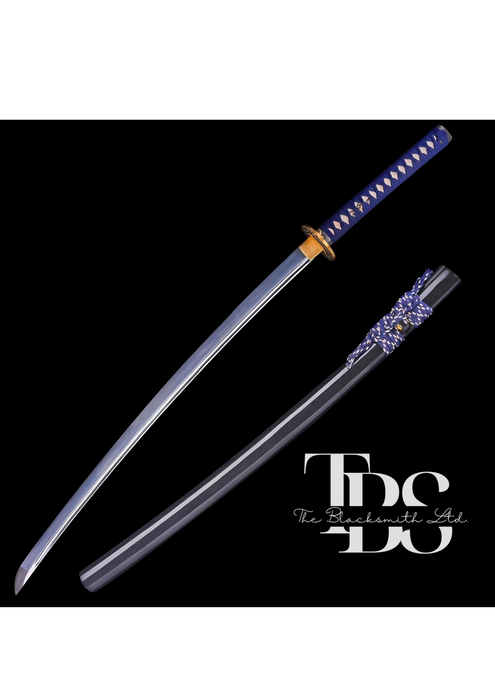 Handcrafted Damascus Steel Katana Sword with Blue Handle, Black Blade Cover, and Golden Detailing – Customizable for Anniversary, Groomsmen Gifts, Christmas Gifts, and Collectors - TheBlacksmithLtd #