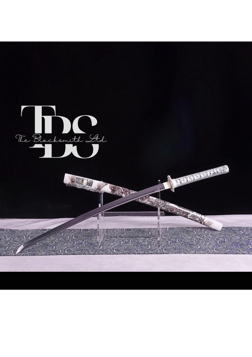 Handcrafted Damascus Steel Katana Sword with Silver Handle, Silver Detailing, and White Blade Cover with Dark Grey Prints – Customizable for Anniversary, Groomsmen Gifts, Christmas Gifts, and Collectors - TheBlacksmithLtd #