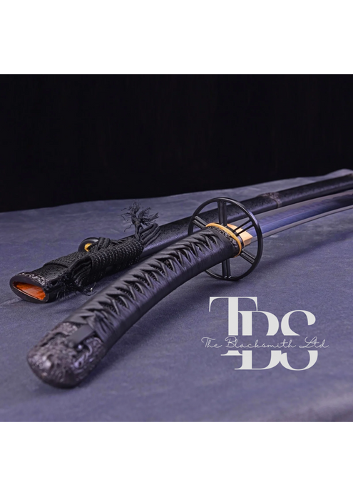 Handcrafted Damascus Steel Katana Sword with Black Leathered Handle, Black Blade Cover, and Black Detailing with Lace – Customizable for Anniversary, Groomsmen Gifts, Christmas Gifts, and Collectors - TheBlacksmithLtd #