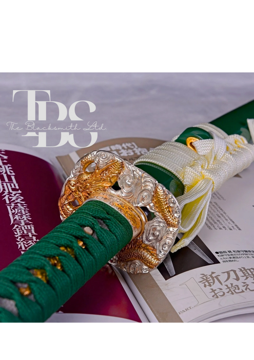 Handcrafted Damascus Steel Katana Sword with Green Handle, Green Blade Cover with White Lace, and Silver and Golden Detailing – Perfect for Anniversaries, Groomsmen Gifts, Christmas, and Collectors - TheBlacksmithLtd #