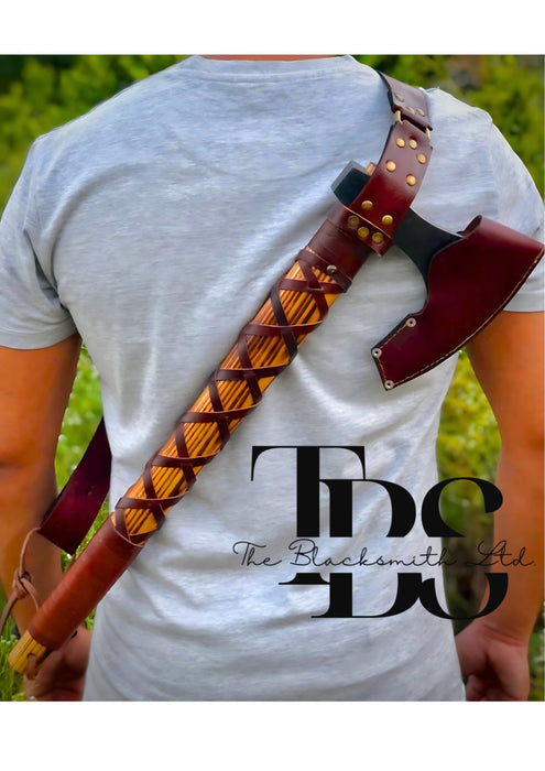 Handmade Viking-Inspired Damascus Steel Single-Headed Axe with Leather-Wrapped Handle, Stylish Blade Cover, Shoulder Strap & Optional Engraved Wooden Box – Perfect for Collectors, Camping, Hunting, Anniversaries, Groomsmen Gifts, and More - TheBlacksmithLtd #