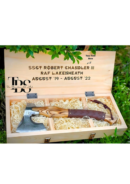 Viking-Inspired Handcrafted Axes – Mixed Variety with Unique Engravings, Different Colors and Shapes, Stainless Steel Blades, Leather Blade Covers, Optional Custom Engraved Wooden Box – Perfect Gift for Collectors, Groomsmen, Christmas, and Anniversaries - TheBlacksmithLtd #