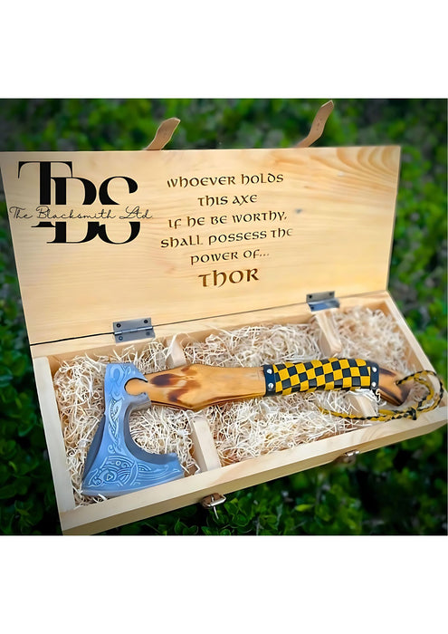 Viking-Inspired Handcrafted Axes – Mixed Variety with Unique Engravings, Different Colors and Shapes, Stainless Steel Blades, Leather Blade Covers, Optional Custom Engraved Wooden Box – Perfect Gift for Collectors, Groomsmen, Christmas, and Anniversaries - TheBlacksmithLtd #