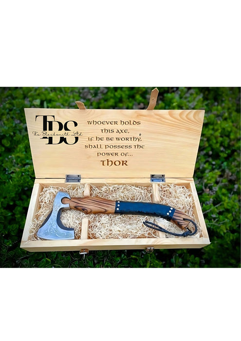 Viking-Inspired Handcrafted Axes – Mixed Variety with Unique Engravings, Different Colors and Shapes, Stainless Steel Blades, Leather Blade Covers, Optional Custom Engraved Wooden Box – Perfect Gift for Collectors, Groomsmen, Christmas, and Anniversaries - TheBlacksmithLtd #