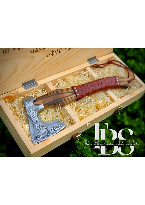 Viking-Inspired Handcrafted Axes – Mixed Variety with Unique Engravings, Different Colors and Shapes, Stainless Steel Blades, Leather Blade Covers, Optional Custom Engraved Wooden Box – Perfect Gift for Collectors, Groomsmen, Christmas, and Anniversaries - TheBlacksmithLtd #