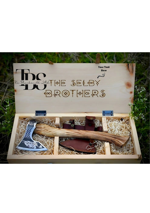 Viking-Inspired Handcrafted Axes – Mixed Variety with Unique Engravings, Different Colors and Shapes, Stainless Steel Blades, Leather Blade Covers, Optional Custom Engraved Wooden Box – Perfect Gift for Collectors, Groomsmen, Christmas, and Anniversaries - TheBlacksmithLtd #
