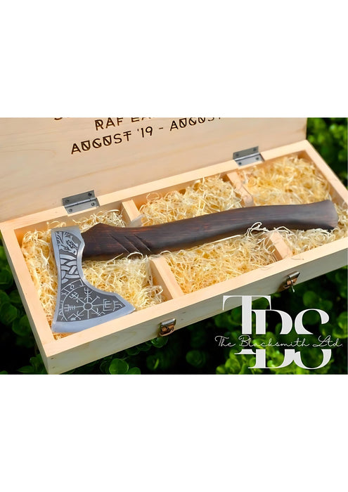 Viking-Inspired Handcrafted Axes – Mixed Variety with Unique Engravings, Different Colors and Shapes, Stainless Steel Blades, Leather Blade Covers, Optional Custom Engraved Wooden Box – Perfect Gift for Collectors, Groomsmen, Christmas, and Anniversaries - TheBlacksmithLtd #