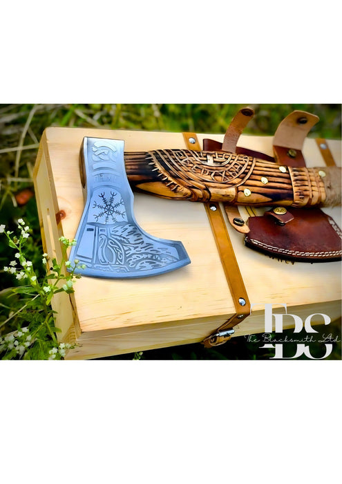 Viking-Inspired Handcrafted Axes – Mixed Variety with Unique Engravings, Different Colors and Shapes, Stainless Steel Blades, Leather Blade Covers, Optional Custom Engraved Wooden Box – Perfect Gift for Collectors, Groomsmen, Christmas, and Anniversaries - TheBlacksmithLtd #