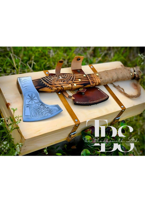 Viking-Inspired Handcrafted Axes – Mixed Variety with Unique Engravings, Different Colors and Shapes, Stainless Steel Blades, Leather Blade Covers, Optional Custom Engraved Wooden Box – Perfect Gift for Collectors, Groomsmen, Christmas, and Anniversaries - TheBlacksmithLtd #
