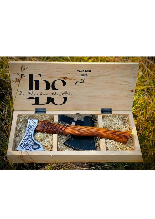 Viking-Inspired Handcrafted Axes – Mixed Variety with Unique Engravings, Different Colors and Shapes, Stainless Steel Blades, Leather Blade Covers, Optional Custom Engraved Wooden Box – Perfect Gift for Collectors, Groomsmen, Christmas, and Anniversaries - TheBlacksmithLtd #