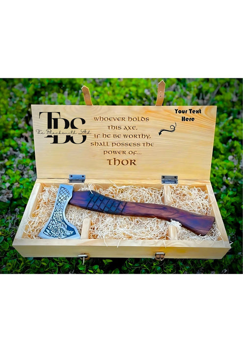 Viking-Inspired Handcrafted Axes – Mixed Variety with Unique Engravings, Different Colors and Shapes, Stainless Steel Blades, Leather Blade Covers, Optional Custom Engraved Wooden Box – Perfect Gift for Collectors, Groomsmen, Christmas, and Anniversaries - TheBlacksmithLtd #