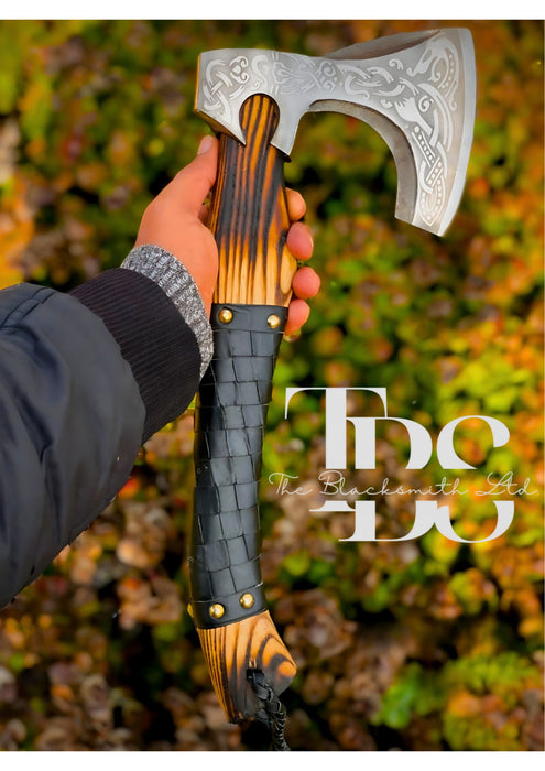 "Handmade Viking Engraved Battle Axe with Tiger Stripe Handle – Authentic Norse Design for Hunting, Camping, and Collectible Display – Unique Groomsmen Gift, Christmas Gift, or Anniversary Gift" - TheBlacksmithLtd #