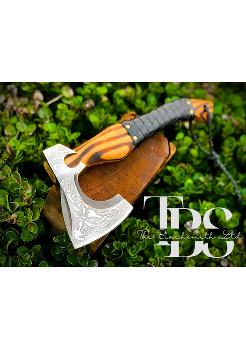 "Handmade Viking Engraved Battle Axe with Tiger Stripe Handle – Authentic Norse Design for Hunting, Camping, and Collectible Display – Unique Groomsmen Gift, Christmas Gift, or Anniversary Gift" - TheBlacksmithLtd #