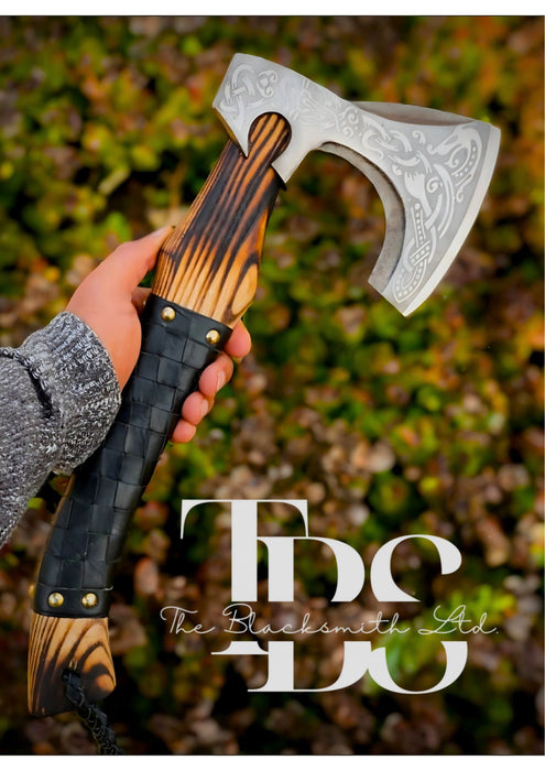 "Handmade Viking Engraved Battle Axe with Tiger Stripe Handle – Authentic Norse Design for Hunting, Camping, and Collectible Display – Unique Groomsmen Gift, Christmas Gift, or Anniversary Gift" - TheBlacksmithLtd #