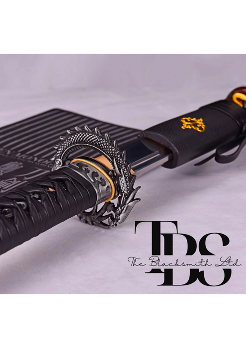 Handcrafted Damascus Steel Dragon Katana Sword – Full Tang Samurai-Inspired Design with Black and Golden Detailing – Perfect Collectible, Anniversary Gift, or Groomsmen Present - TheBlacksmithLtd #