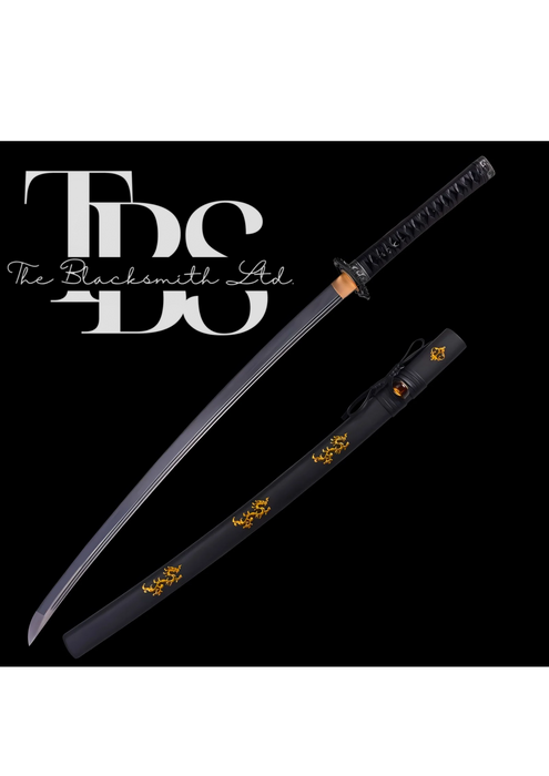 Handcrafted Damascus Steel Dragon Katana Sword – Full Tang Samurai-Inspired Design with Black and Golden Detailing – Perfect Collectible, Anniversary Gift, or Groomsmen Present - TheBlacksmithLtd #