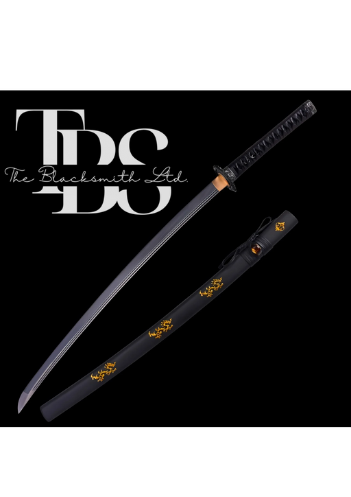 Handcrafted Damascus Steel Dragon Katana Sword – Full Tang Samurai-Inspired Design with Black and Golden Detailing – Perfect Collectible, Anniversary Gift, or Groomsmen Present - TheBlacksmithLtd #