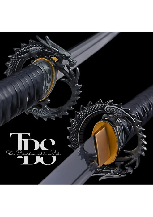 Handcrafted Damascus Steel Dragon Katana Sword – Full Tang Samurai-Inspired Design with Black and Golden Detailing – Perfect Collectible, Anniversary Gift, or Groomsmen Present - TheBlacksmithLtd #