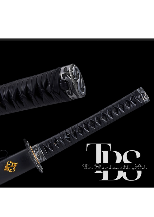 Handcrafted Damascus Steel Dragon Katana Sword – Full Tang Samurai-Inspired Design with Black and Golden Detailing – Perfect Collectible, Anniversary Gift, or Groomsmen Present - TheBlacksmithLtd #