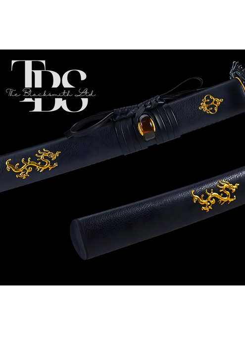 Handcrafted Damascus Steel Dragon Katana Sword – Full Tang Samurai-Inspired Design with Black and Golden Detailing – Perfect Collectible, Anniversary Gift, or Groomsmen Present - TheBlacksmithLtd #