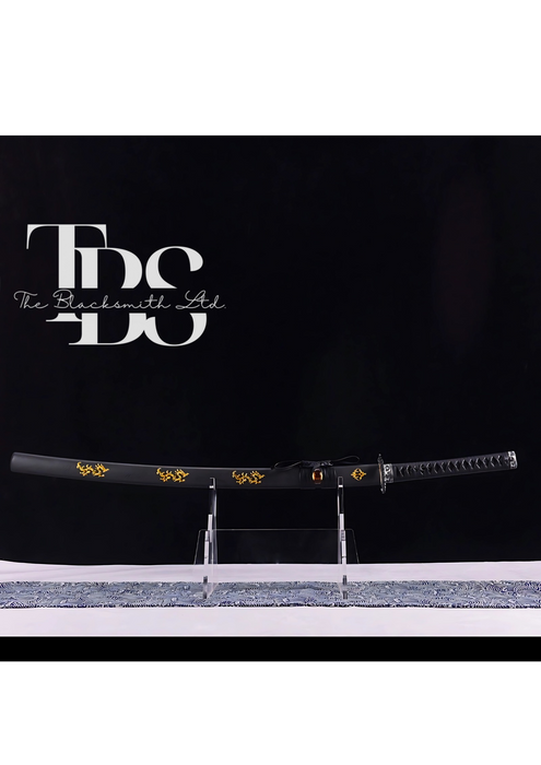 Handcrafted Damascus Steel Dragon Katana Sword – Full Tang Samurai-Inspired Design with Black and Golden Detailing – Perfect Collectible, Anniversary Gift, or Groomsmen Present - TheBlacksmithLtd #