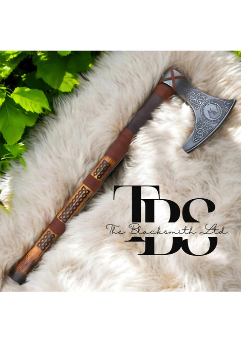 Handmade Viking Axe with Skoll & Hati Engravings – 24-Inch Carbon Steel Blade and Stylish Wooden Handle | Perfect Collectible, Groomsmen Gift, Anniversary Gift, or Christmas Present