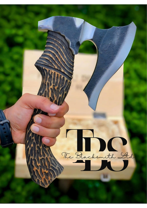 Handmade Damascus Steel Axe, Engraved Wood Handle, Premium Bushcraft Tool, Unique Groomsmen Gift, Outdoor Adventure Axe, Rustic Decor Piece - TheBlacksmithLtd #