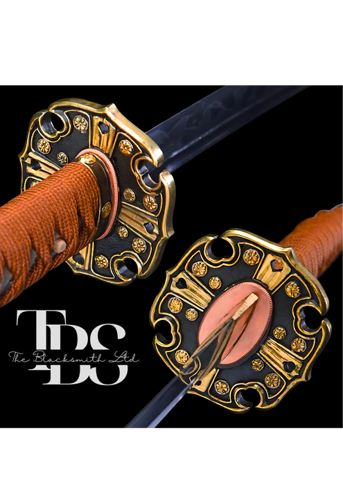 Handcrafted Damascus Steel Katana Sword – Orange Handle and Blade Cover with Black and Gold Detailing Below Handle – Full Tang Samurai Sword for Collectors, Anniversaries, Christmas, or Groomsmen Gifts - TheBlacksmithLtd #