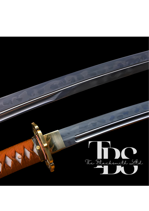 Handcrafted Damascus Steel Katana Sword – Orange Handle and Blade Cover with Black and Gold Detailing Below Handle – Full Tang Samurai Sword for Collectors, Anniversaries, Christmas, or Groomsmen Gifts - TheBlacksmithLtd #