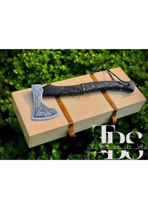 Handmade Damascus Steel Axe with Black Engraved Handle, Black Leather Grip, and Blade Cover – Premium Bushcraft Tool, Custom Christmas Gift, Anniversary Gift, Unique Groomsmen Gift, Outdoor Adventure Gear, and Rustic Decor - TheBlacksmithLtd #