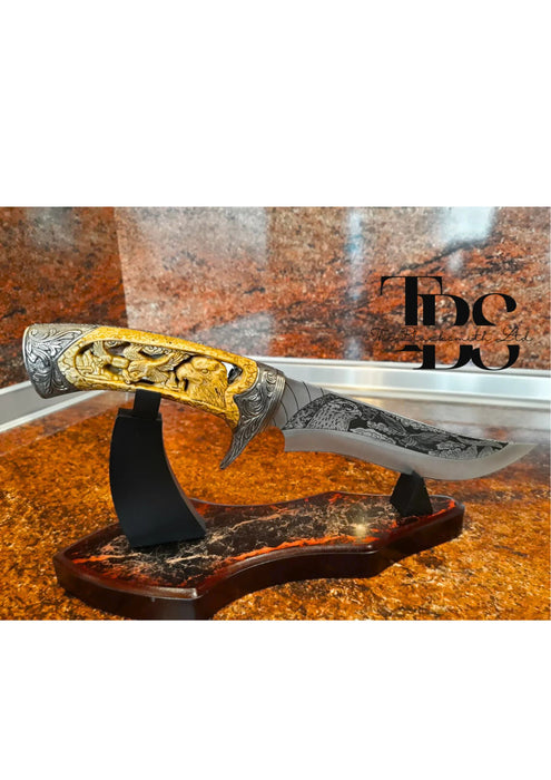 Exquisite 12-Inch Handcrafted Engraved Knife with Display Stand – Perfect Gift for Anniversaries, Groomsmen, and Collectors