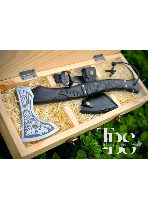 Handmade Damascus Steel Axe with Black Engraved Handle, Black Leather Grip, and Blade Cover – Premium Bushcraft Tool, Custom Christmas Gift, Anniversary Gift, Unique Groomsmen Gift, Outdoor Adventure Gear, and Rustic Decor - TheBlacksmithLtd #