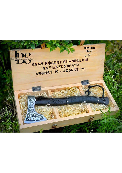 Handmade Damascus Steel Axe with Black Engraved Handle, Black Leather Grip, and Blade Cover – Premium Bushcraft Tool, Custom Christmas Gift, Anniversary Gift, Unique Groomsmen Gift, Outdoor Adventure Gear, and Rustic Decor - TheBlacksmithLtd #