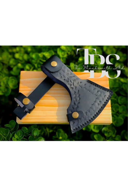 Handmade Damascus Steel Axe with Black Engraved Handle, Black Leather Grip, and Blade Cover – Premium Bushcraft Tool, Custom Christmas Gift, Anniversary Gift, Unique Groomsmen Gift, Outdoor Adventure Gear, and Rustic Decor - TheBlacksmithLtd #