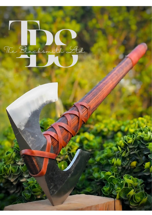 Handmade Double-Headed Damascus Steel Axe with Long Wooden Handle, Leather Net-Wrapped Grip – Premium Bushcraft Tool, Outdoor Adventure Gear, Unique Groomsmen Gift, and Rustic Decor - TheBlacksmithLtd #