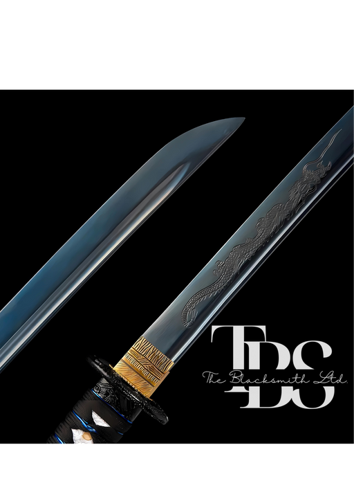 Damascus Steel Katana Sword – Black, Blue, and White Handle & Sword Cover with Dragon-Style Engraved Blade – Full Tang Samurai Sword for Collectors, Anniversaries, Christmas, or Groomsmen Gifts - TheBlacksmithLtd #