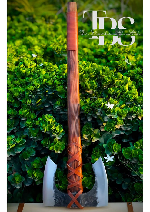 Handmade Double-Headed Damascus Steel Axe with Long Wooden Handle, Leather Net-Wrapped Grip – Premium Bushcraft Tool, Outdoor Adventure Gear, Unique Groomsmen Gift, and Rustic Decor - TheBlacksmithLtd #