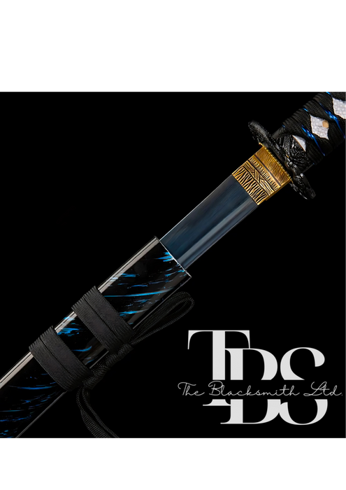 Damascus Steel Katana Sword – Black, Blue, and White Handle & Sword Cover with Dragon-Style Engraved Blade – Full Tang Samurai Sword for Collectors, Anniversaries, Christmas, or Groomsmen Gifts - TheBlacksmithLtd #