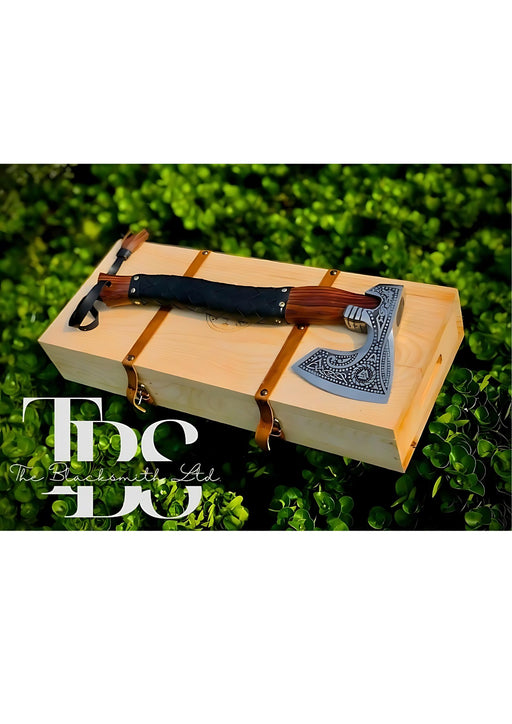 Handcrafted Viking Axe with Intricate Norse Engravings – Premium Steel Blade, Leather-Wrapped Wooden Handle, Decorative Gift Box – Perfect for Hunting, Camping, and Collectors – Unique Christmas, Anniversary, or Groomsmen Gift - TheBlacksmithLtd #