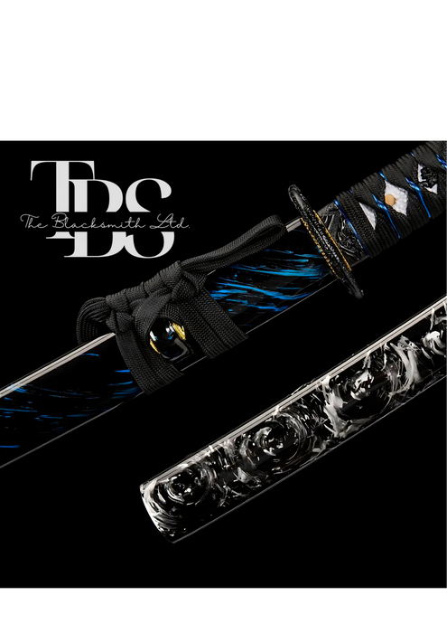 Damascus Steel Katana Sword – Black, Blue, and White Handle & Sword Cover with Dragon-Style Engraved Blade – Full Tang Samurai Sword for Collectors, Anniversaries, Christmas, or Groomsmen Gifts - TheBlacksmithLtd #