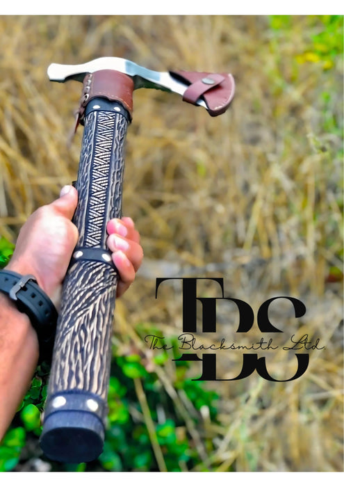 Handmade Damascus Steel Axe with Long Cheetah-Print Wooden Handle, Handcrafted Design, Leather Wraps, Blade Cover, and Optional Custom Engraved Wooden Box – Premium Bushcraft Tool, Unique Groomsmen Gift, Christmas Gift, Anniversary Gift, Rustic Decor - TheBlacksmithLtd #