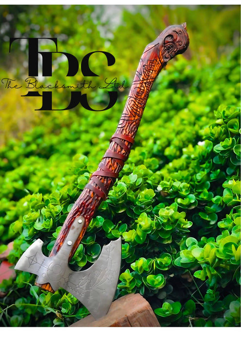 Handcrafted Double-Headed Engraved Damascus Steel Axe with Snake-Curved Wooden Handle, Optional Custom Engraved Wooden Box – Premium Bushcraft Tool, Viking-Inspired Collectible, Unique Groomsmen Gift, Christmas Gift, Anniversary Gift - TheBlacksmithLtd #