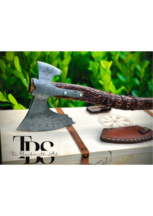 Handcrafted Double-Headed Engraved Damascus Steel Axe with Snake-Curved Wooden Handle, Optional Custom Engraved Wooden Box – Premium Bushcraft Tool, Viking-Inspired Collectible, Unique Groomsmen Gift, Christmas Gift, Anniversary Gift - TheBlacksmithLtd #