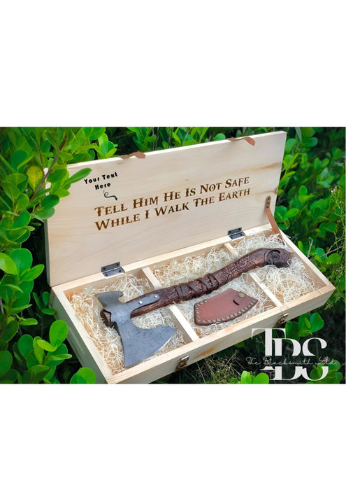 Handcrafted Double-Headed Engraved Damascus Steel Axe with Snake-Curved Wooden Handle, Optional Custom Engraved Wooden Box – Premium Bushcraft Tool, Viking-Inspired Collectible, Unique Groomsmen Gift, Christmas Gift, Anniversary Gift - TheBlacksmithLtd #