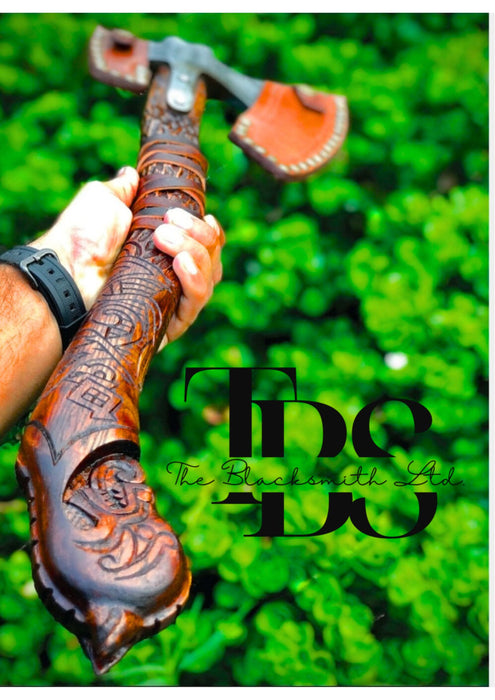 Handcrafted Double-Headed Engraved Damascus Steel Axe with Snake-Curved Wooden Handle, Optional Custom Engraved Wooden Box – Premium Bushcraft Tool, Viking-Inspired Collectible, Unique Groomsmen Gift, Christmas Gift, Anniversary Gift - TheBlacksmithLtd #
