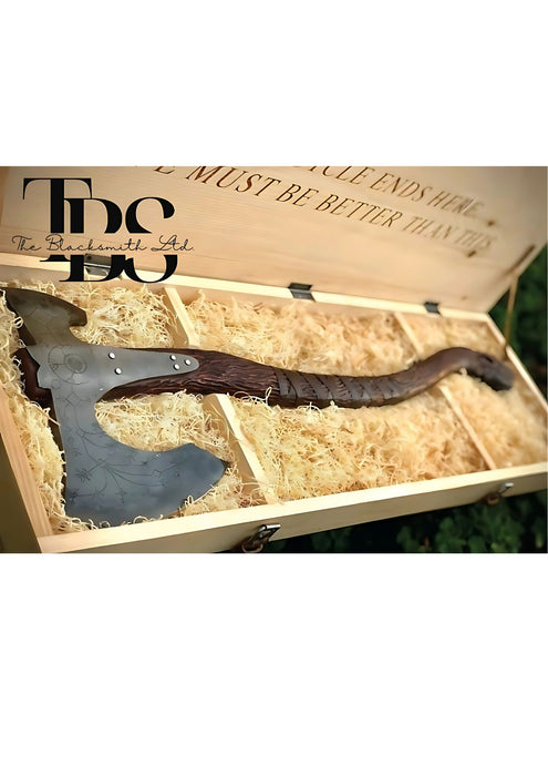 Handcrafted Double-Headed Engraved Damascus Steel Axe with Snake-Curved Wooden Handle, Optional Custom Engraved Wooden Box – Premium Bushcraft Tool, Viking-Inspired Collectible, Unique Groomsmen Gift, Christmas Gift, Anniversary Gift - TheBlacksmithLtd #