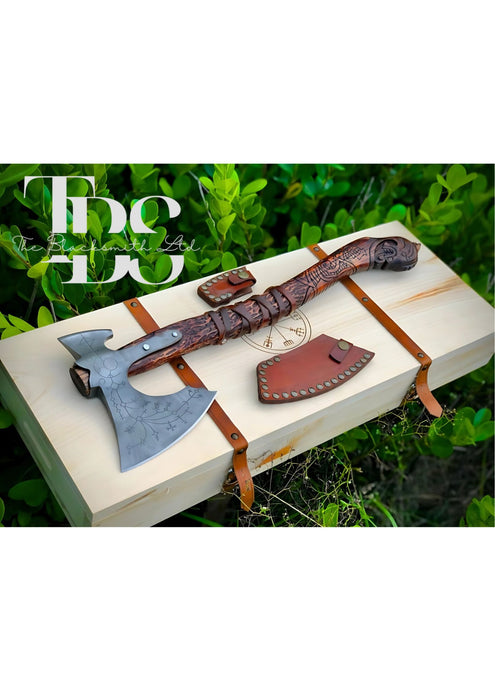 Handcrafted Double-Headed Engraved Damascus Steel Axe with Snake-Curved Wooden Handle, Optional Custom Engraved Wooden Box – Premium Bushcraft Tool, Viking-Inspired Collectible, Unique Groomsmen Gift, Christmas Gift, Anniversary Gift - TheBlacksmithLtd #