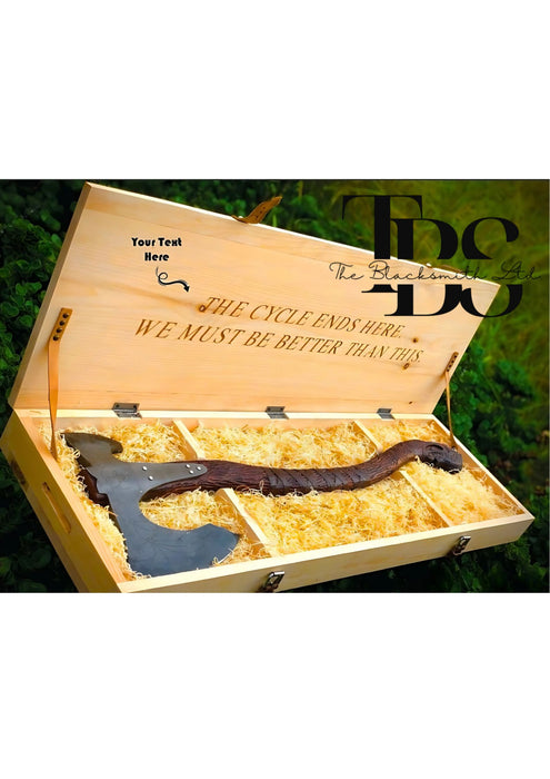 Handcrafted Double-Headed Engraved Damascus Steel Axe with Snake-Curved Wooden Handle, Optional Custom Engraved Wooden Box – Premium Bushcraft Tool, Viking-Inspired Collectible, Unique Groomsmen Gift, Christmas Gift, Anniversary Gift - TheBlacksmithLtd #